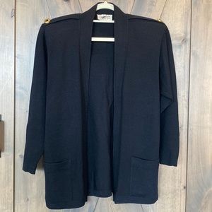 ST. JOHN Knit Marie Gray Collection Open Front Cardigan Black Logo Button Size 2